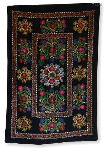 Embroidered Silk Suzani With Black Velvet Ground