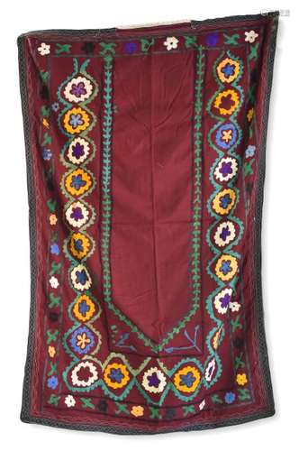 Embroidered Silk Prayer Suzani With Burgundy Ground