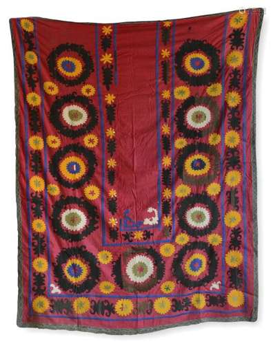 Embroidered Silk Prayer Suzani With Red Ground