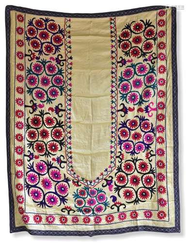 Embroidered Silk Prayer Suzani With Yellow Ground