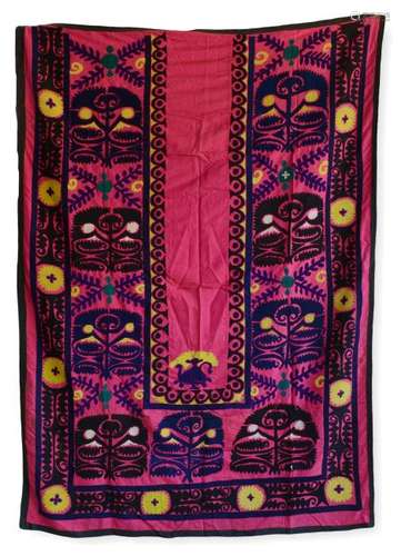 Embroidered Silk Prayer Suzani With Bright Pink Ground