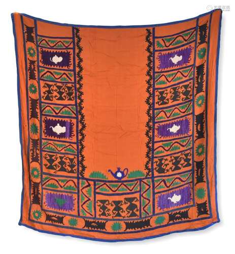 Embroidered Silk Prayer Suzani With Orange Ground