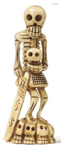Netsuke eines Skeletts mit Totenkopf in der Hand â