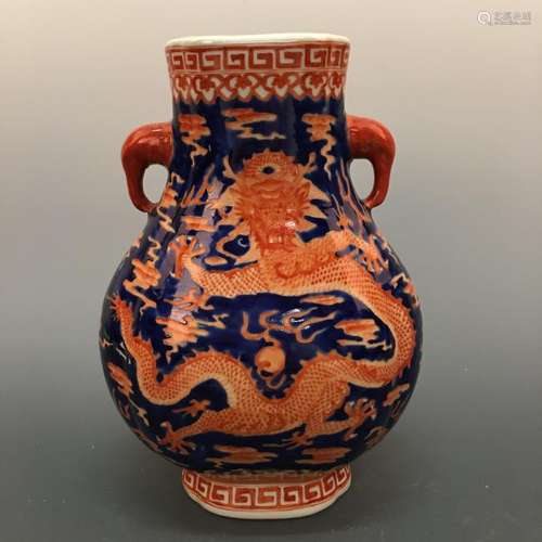 Chinese Iron Red Blue-White 'Dragon' Fanghu-Form Vase