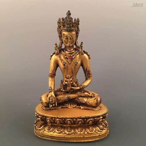 Chinese Gilt Bronze Buddha Figure Inlaid Kallaite and