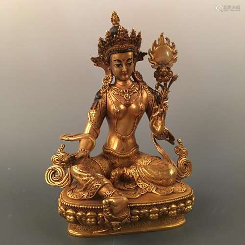 Chinese Gilt Bronze Tara Figure Inlaid Gemstones