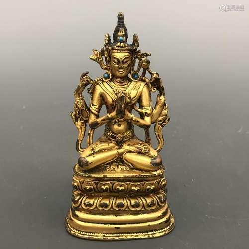 Chinese Gilt Bronze Tara Figure Inlaid Gemstones