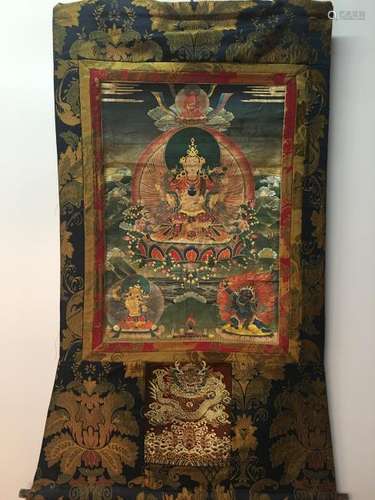 Chinese Hanging Scroll Tibetan Thangka of Buddha and 5