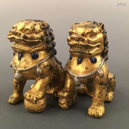 A Pair of Chinese Gilt Bronze Lion Figure