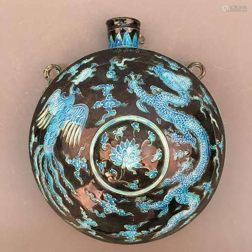 Chinese Fahua Ci 'Dragon & Phoenix' Round Flat Vase