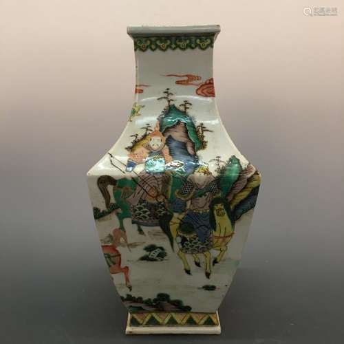 Chinese Wucai 'Figure' Square Vase, Kang Xi Mark