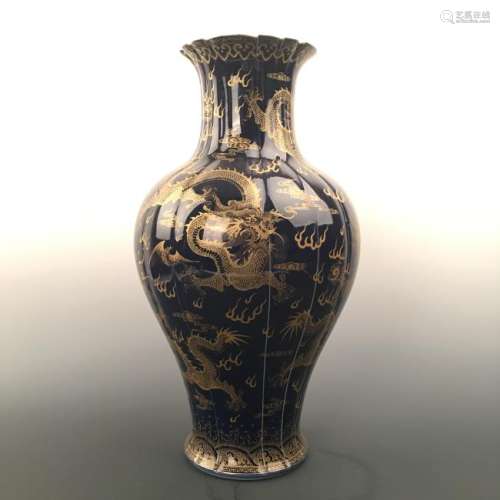 Chinese Blue Glazed Gilt Rim 'Dragon' Vase, Yongzheng