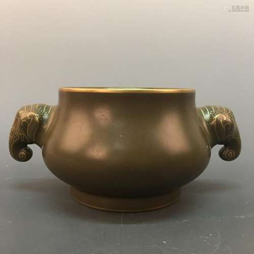 Chinese Teadust Glazed Gilt Rim Pottery Censer,