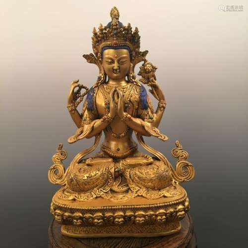 Chinese Gilt Bronze Shadakshari Lokeshvara Figure
