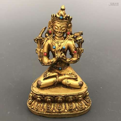 Chinese Gilt Brone Green Tara Figure Inlaid Gemstones