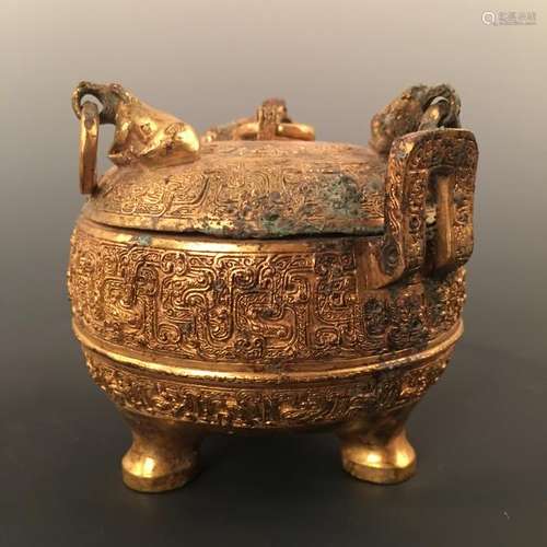 Chinese Gilt Bronze Tripod Censer and Cover