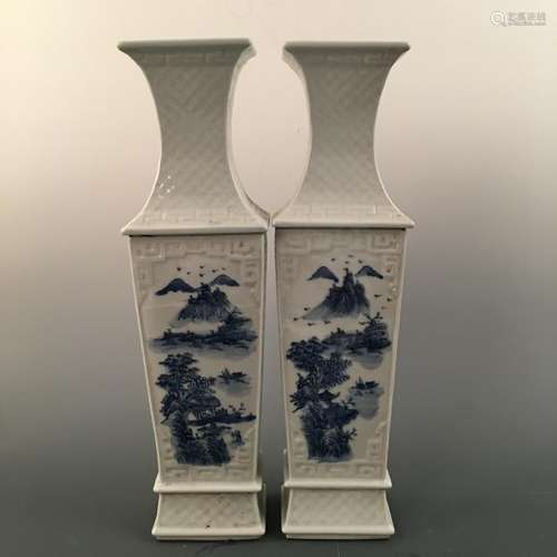 Chinese Blue & White Landscape Square Vase Pair