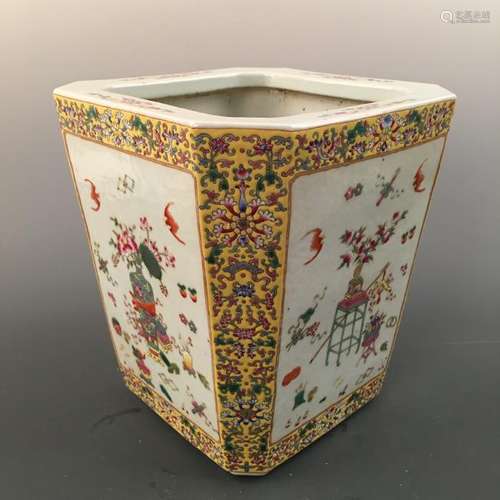 Chinese Famille Rose Square Brush Pot, Shen De Tang