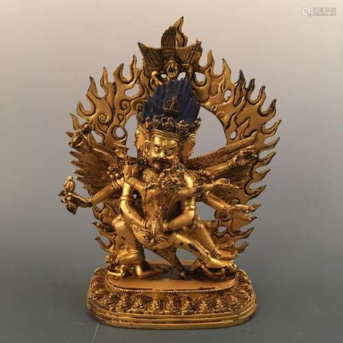 Chinese Gilt Bronze Mahakala Wrathful Heruka inlaid