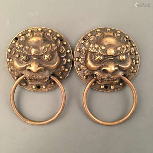 Chinese Bronze Lion Door Bell Pair