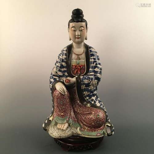 Chinese Famille Rose 'Guanyin' Statue, Cao Mingji Mark