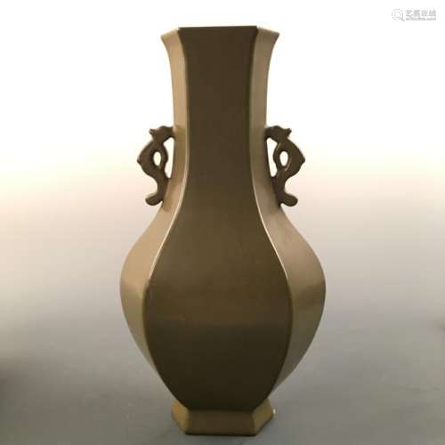Chinese Teadust Glazed Hexagon Vase, Qianlong Mark