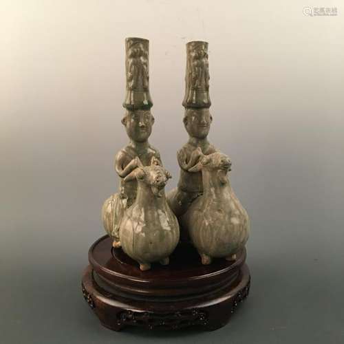 Pair Of Yue Ware Porcelain Riding Figure Candle Holder