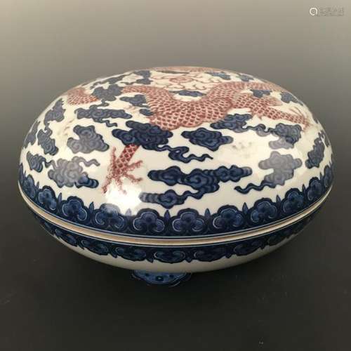 Chinese Blue-White Copper Red Round Box and Cover,