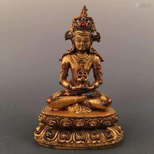 Chinese Gilt Bronze Buddha Figure Inlaid Gemstones