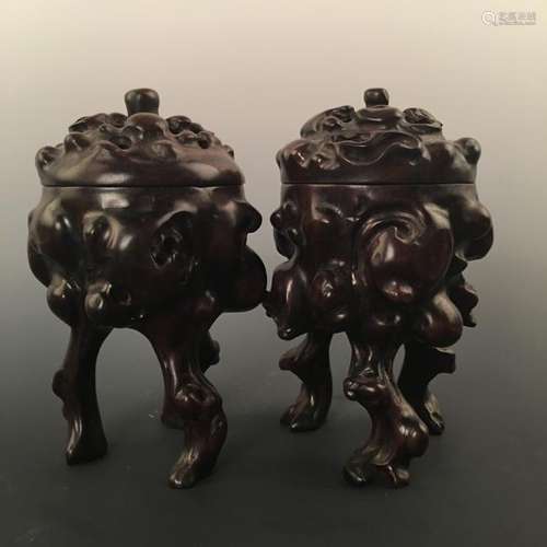 Pair of Chinese Redwood Tripod Censer