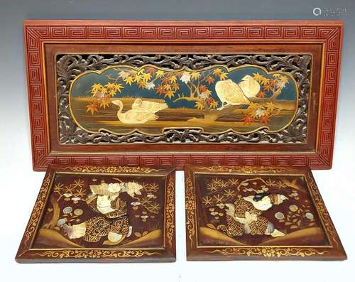 (3) Japanese Wood Plaques with Birds & Children