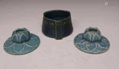 (3) Rookwood Ceramic Candlesticks and Box