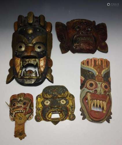 (5) Southeast-Asian Wood, Brass & Enamel Masks