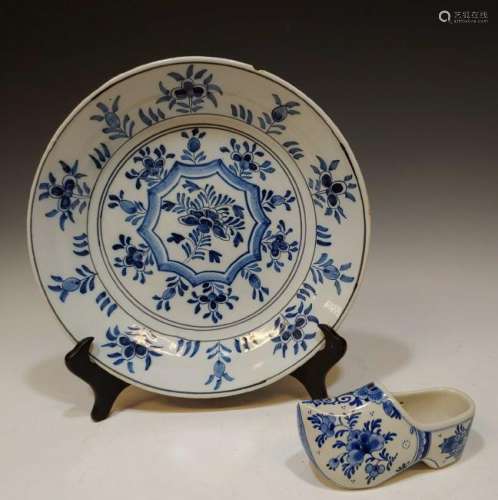 (2) Dutch Tin-Glaze Plate & Shoe, Blue & White
