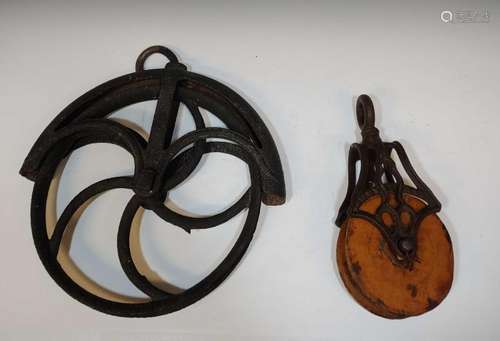 (2) Antique Cast Iron Barn Pulleys