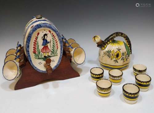 (14) Quimper Faience Decanter & Cask with Cups