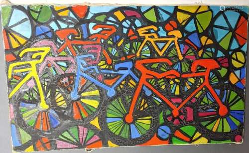 Oil on Canvas Painting Bicycles Circa 1980s
