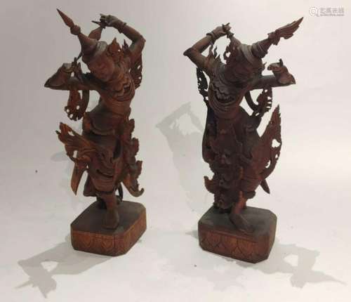 Pair Carved Wood Thai Dancers 29 Inches Tall