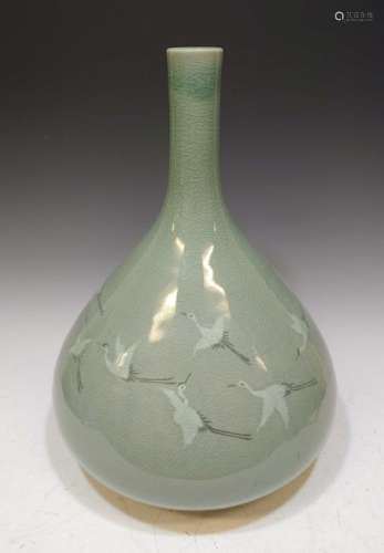 Korean Sagaam Porcelain Bottle Vase w/ Cranes