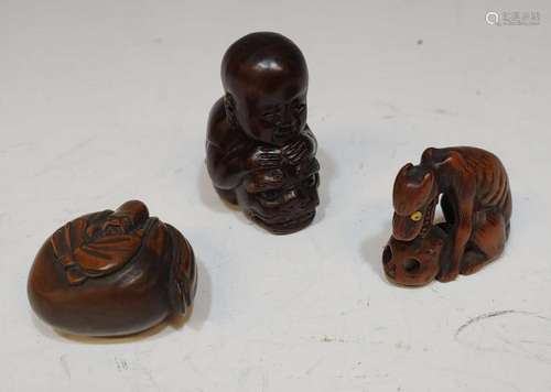 (3) Japanese Carved Wood Netsuke