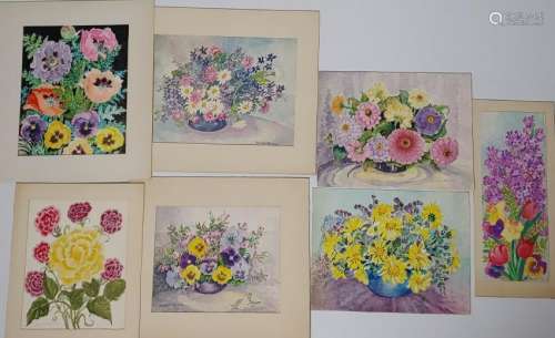 (7) Beulah H. Brown Flower Bouquet Paintings