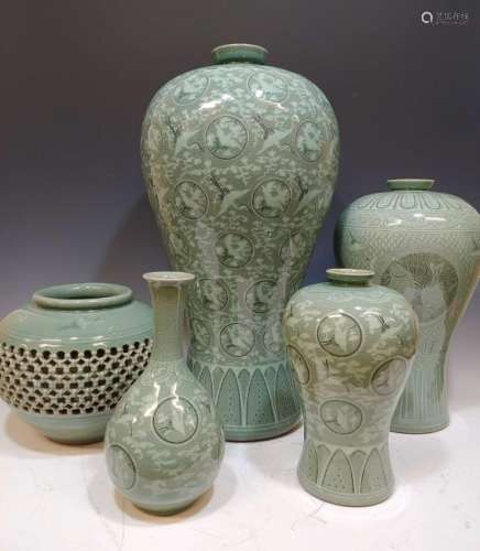 (5) Korean Ceramic Celadon Vases w/ Cranes