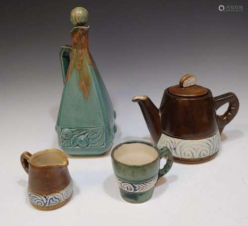 (4) Quimper QUI76 Teapot, Cup, Creamer, Ewer