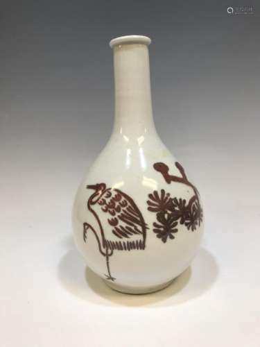 Signed Korean Ceramic Bottle Vase Underglaze Red