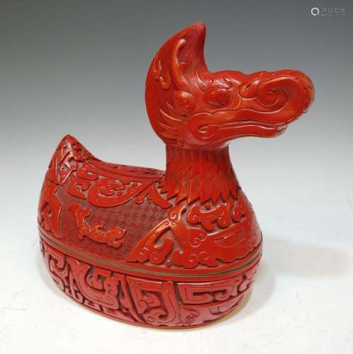 Chinese Red Lacquer Duck Form Box