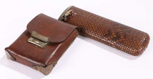 Japanese case and cover, with hinged lid and carved woven effect exterior, together with a brown