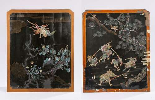 Fine pair of Japanese Edo period black lacquer and mother of pearl inlaid panels, the first panel