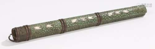 Japanese Meiji period shagreen travelling case, for a pair of chopsticks and a knife, in green