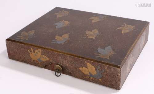 Japanese Meiji period lacquer box, the lid decorated with butterflies and a mottled ground, the