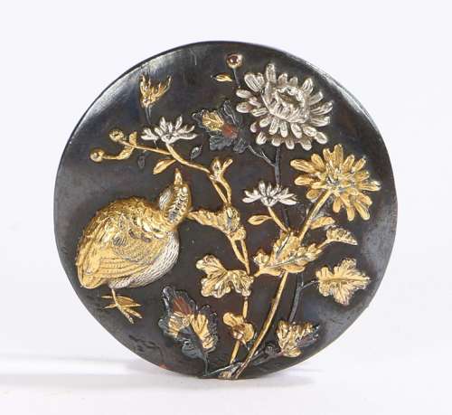 Japanese Meiji period shakudo brooch, decorated with flowers and bird, 27mm diameter